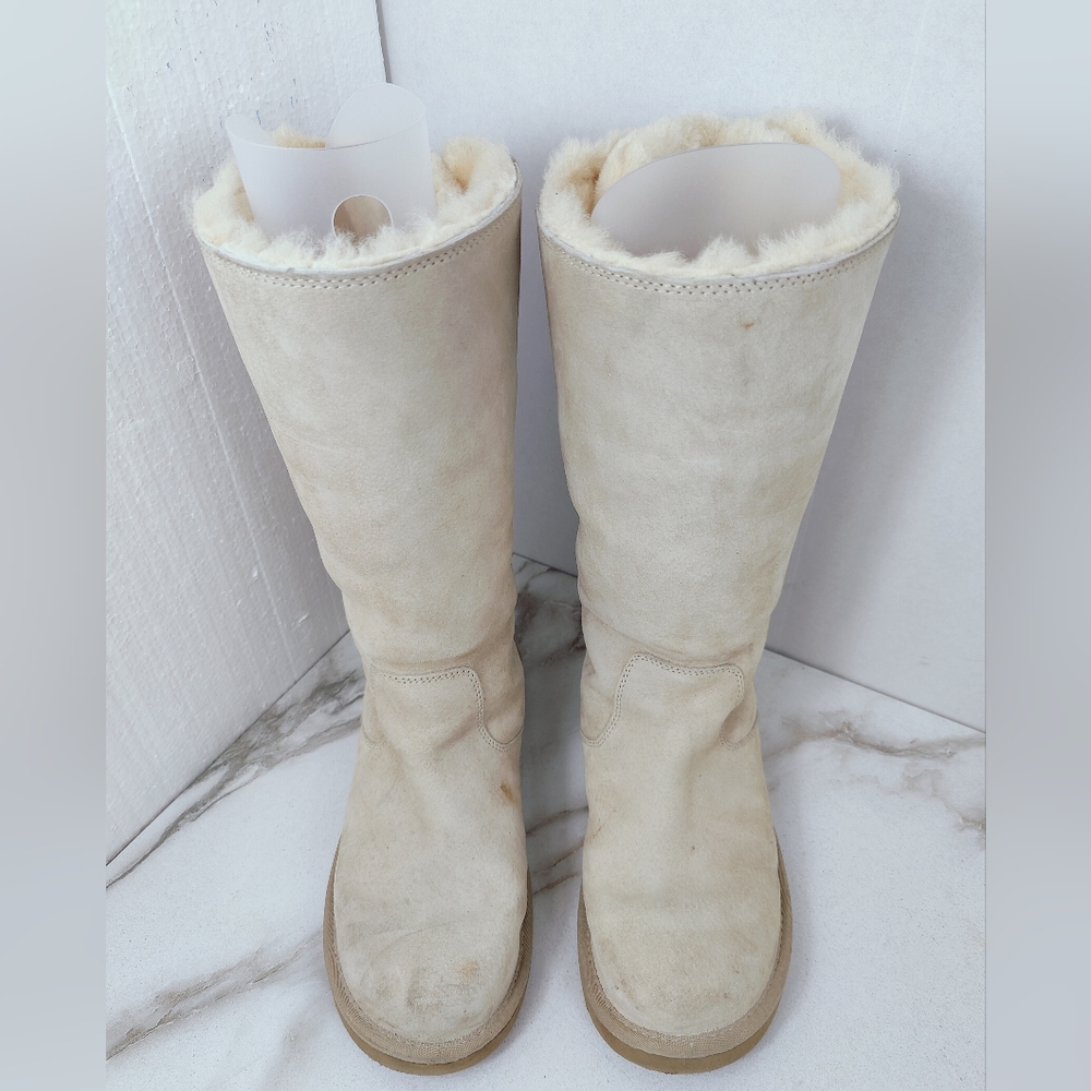 UGG Tall Lace-Back Shearling Boots in Light Beige/Cream - Picture 9 of 14